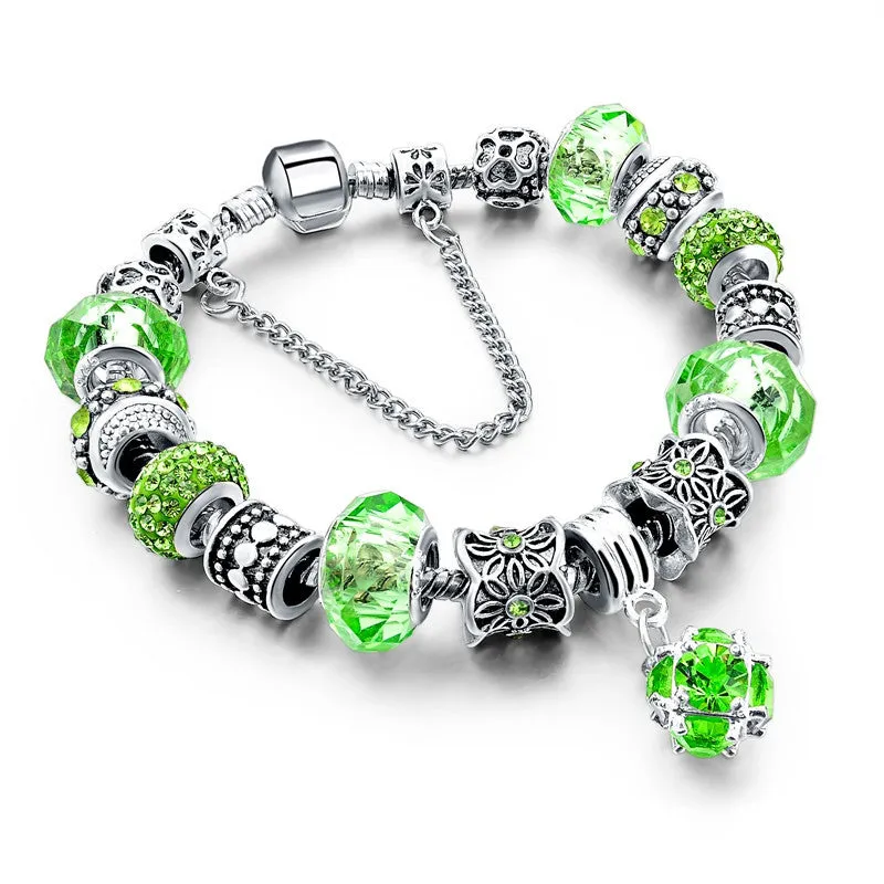 925 Silver Crystal Charm Bracelets for Women With Purple Murano Glass Beads bracelets & bangles Love DIY Jewelry Bracelet Femme