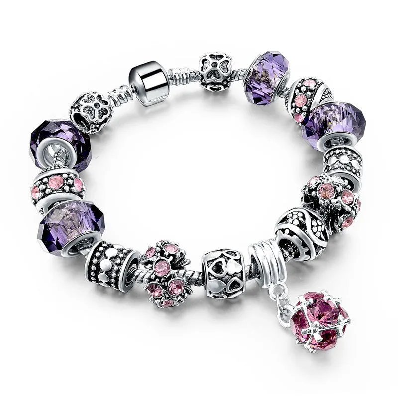 925 Silver Crystal Charm Bracelets for Women With Purple Murano Glass Beads bracelets & bangles Love DIY Jewelry Bracelet Femme