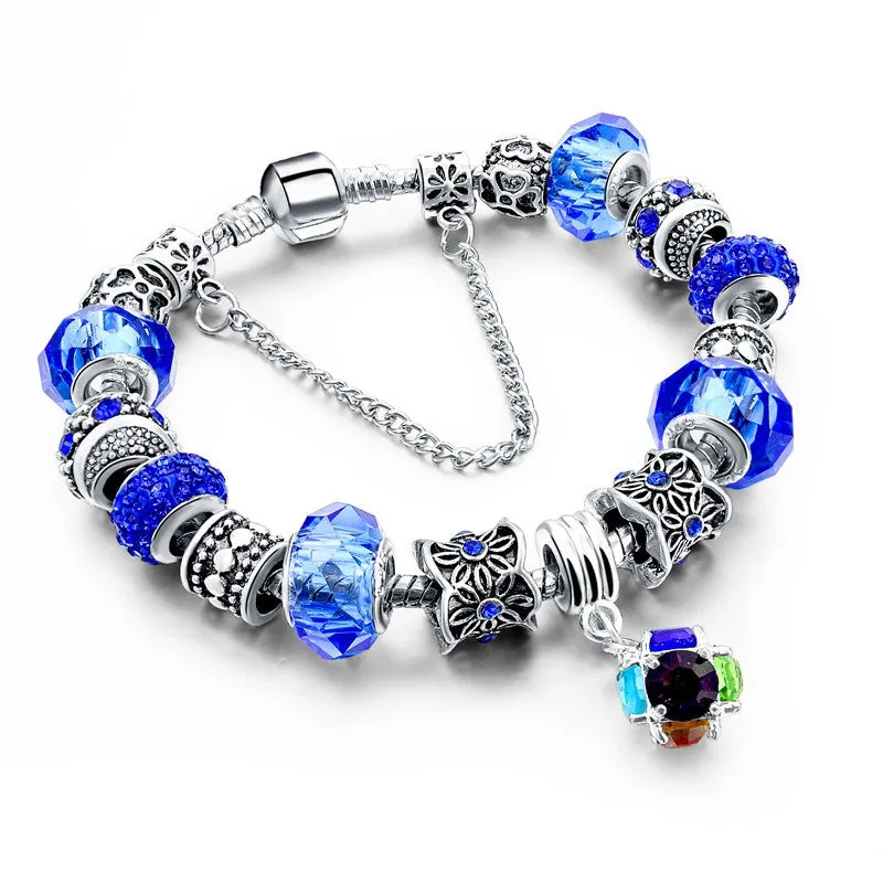 925 Silver Crystal Charm Bracelets for Women With Purple Murano Glass Beads bracelets & bangles Love DIY Jewelry Bracelet Femme