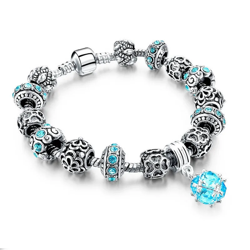 925 Silver Crystal Charm Bracelets for Women With Purple Murano Glass Beads bracelets & bangles Love DIY Jewelry Bracelet Femme