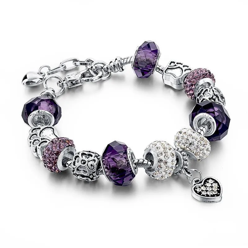 925 Silver Crystal Charm Bracelets for Women With Purple Murano Glass Beads bracelets & bangles Love DIY Jewelry Bracelet Femme
