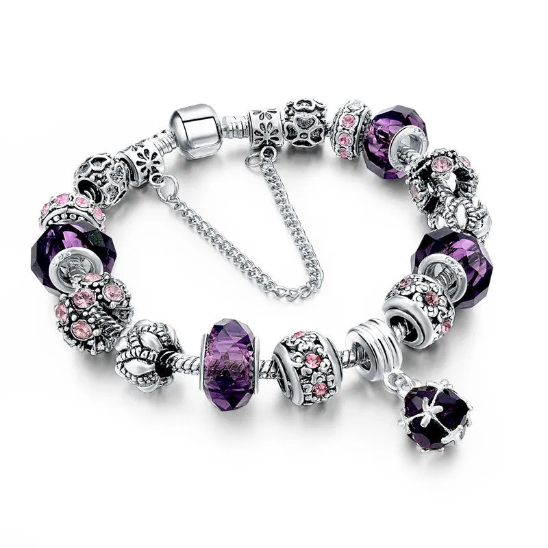 925 Silver Crystal Charm Bracelets for Women With Purple Murano Glass Beads bracelets & bangles Love DIY Jewelry Bracelet Femme