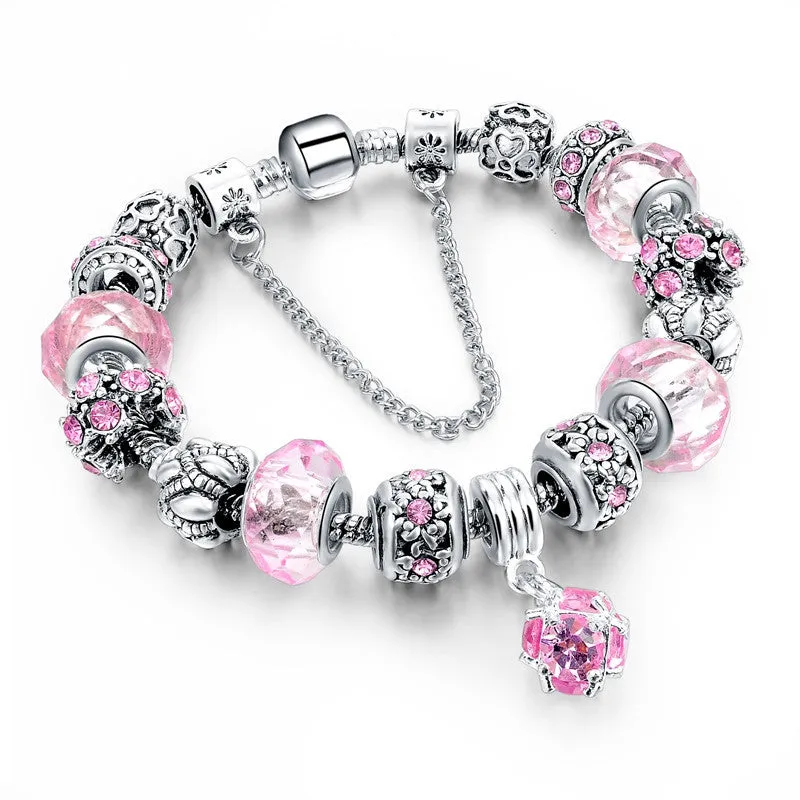 925 Silver Crystal Charm Bracelets for Women With Purple Murano Glass Beads bracelets & bangles Love DIY Jewelry Bracelet Femme