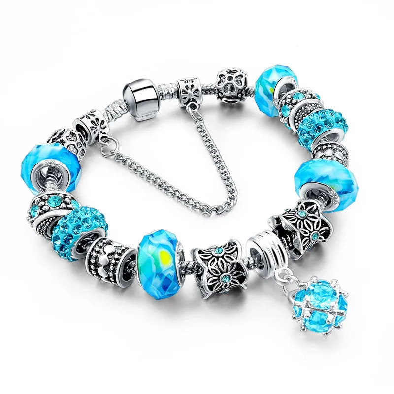 925 Silver Crystal Charm Bracelets for Women With Purple Murano Glass Beads bracelets & bangles Love DIY Jewelry Bracelet Femme