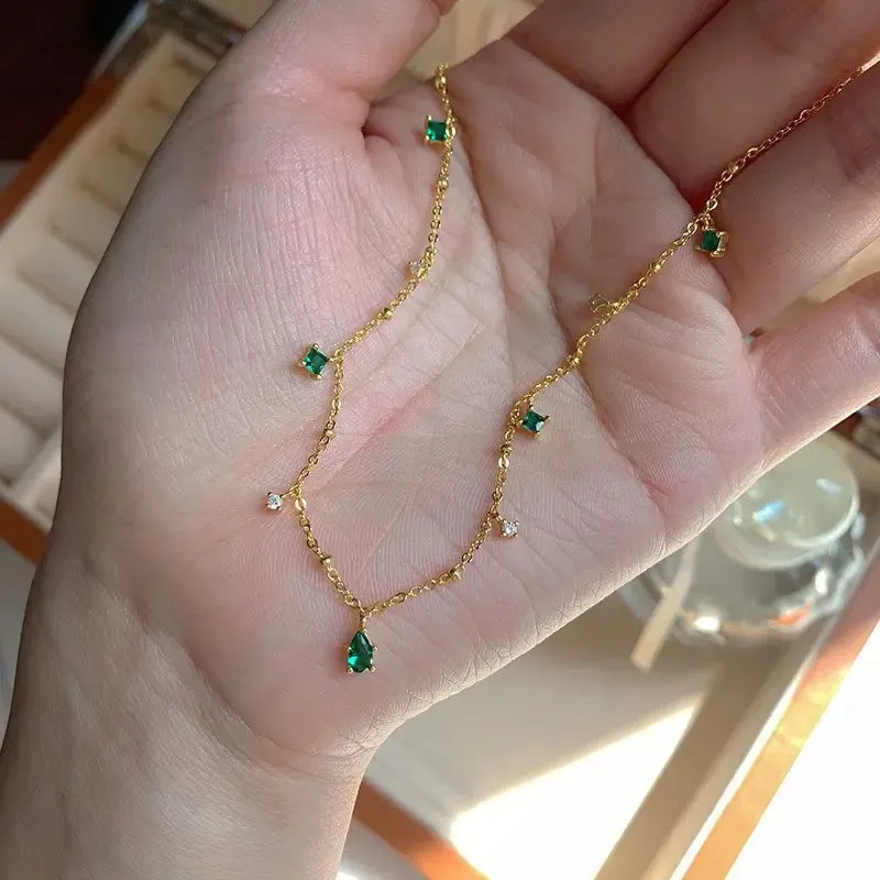 925 Sterling Silver Green Zirconia Drop Necklace Charm Sparkling Choker Party Gift Women