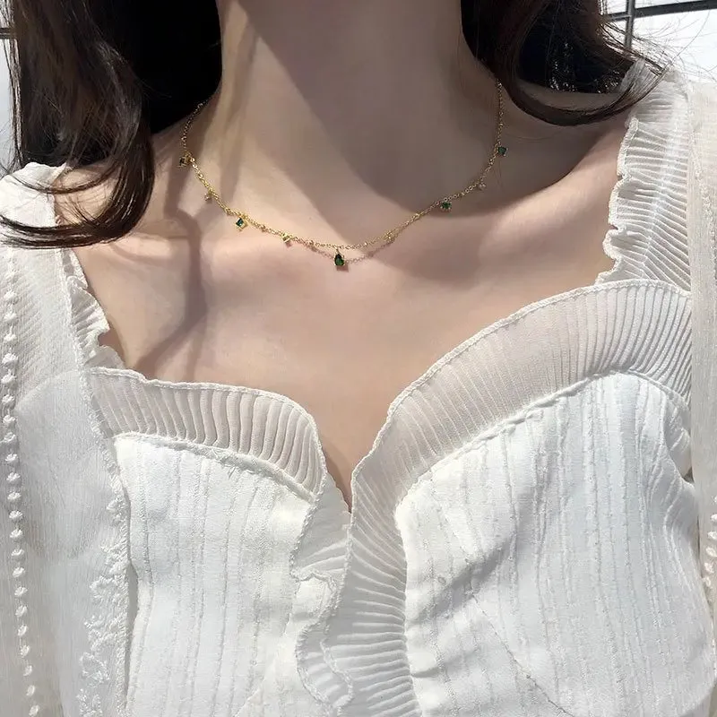 925 Sterling Silver Green Zirconia Drop Necklace Charm Sparkling Choker Party Gift Women