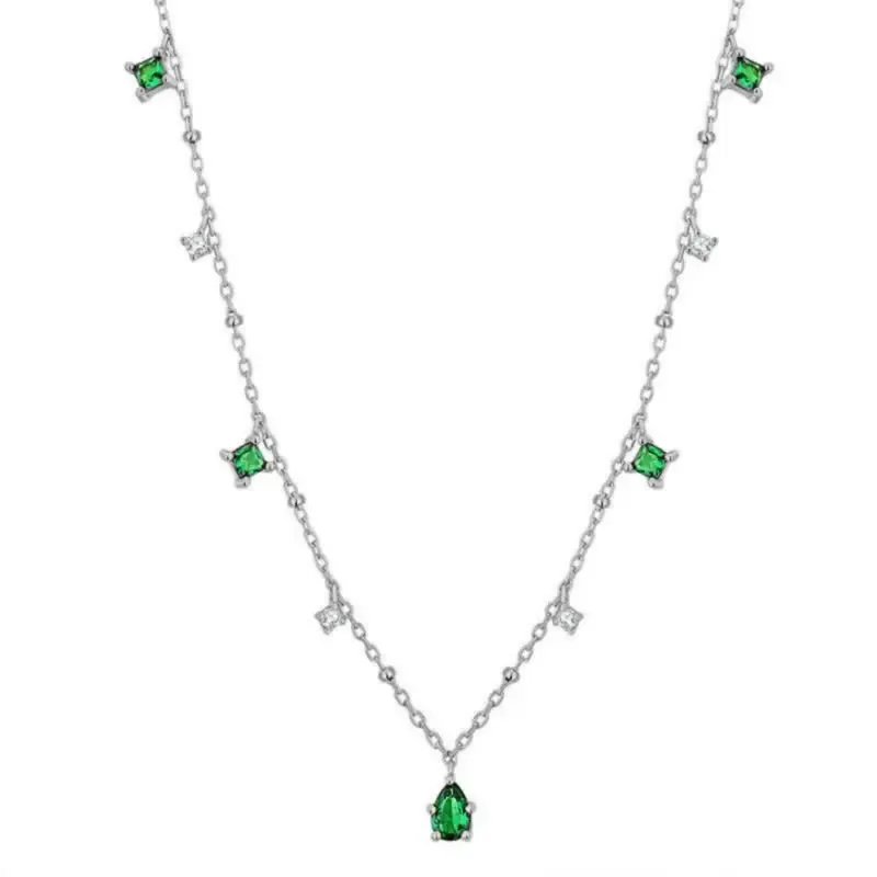 925 Sterling Silver Green Zirconia Drop Necklace Charm Sparkling Choker Party Gift Women
