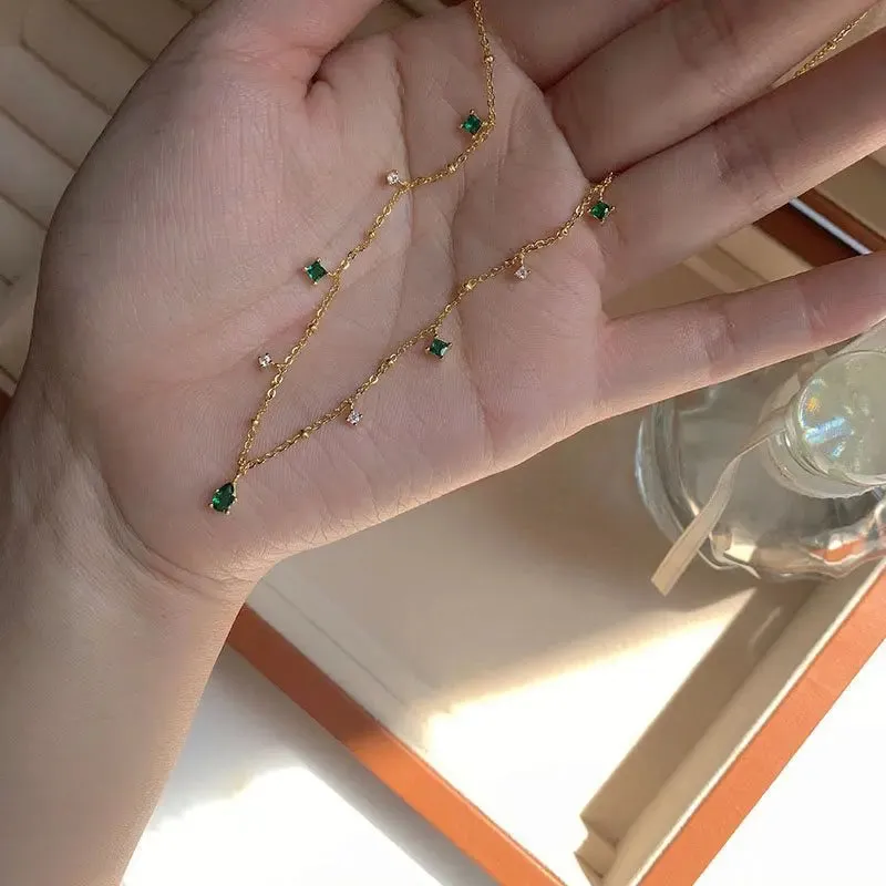 925 Sterling Silver Green Zirconia Drop Necklace Charm Sparkling Choker Party Gift Women
