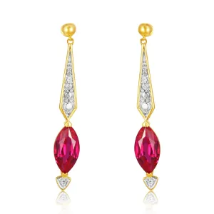 9ct Yellow And White Gold Created Ruby And Diamond Drop Earrings
