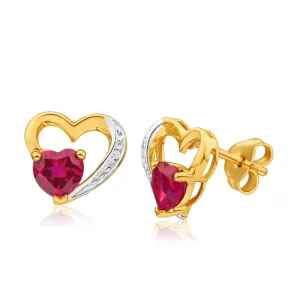 9ct Yellow Gold Created Ruby   Diamond Stud Earrings