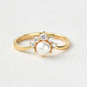 Akoya Pearl & Round Cut Moissanite Yellow Gold Ring