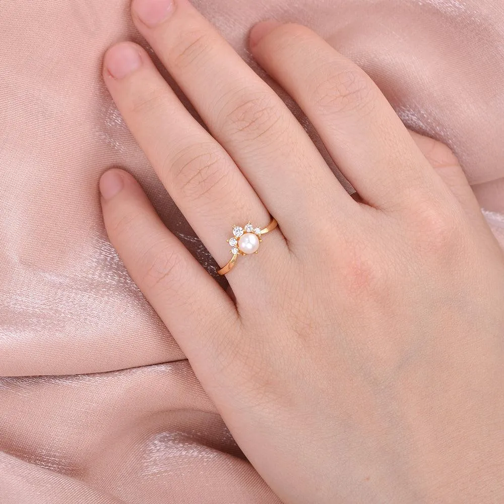 Akoya Pearl & Round Cut Moissanite Yellow Gold Ring