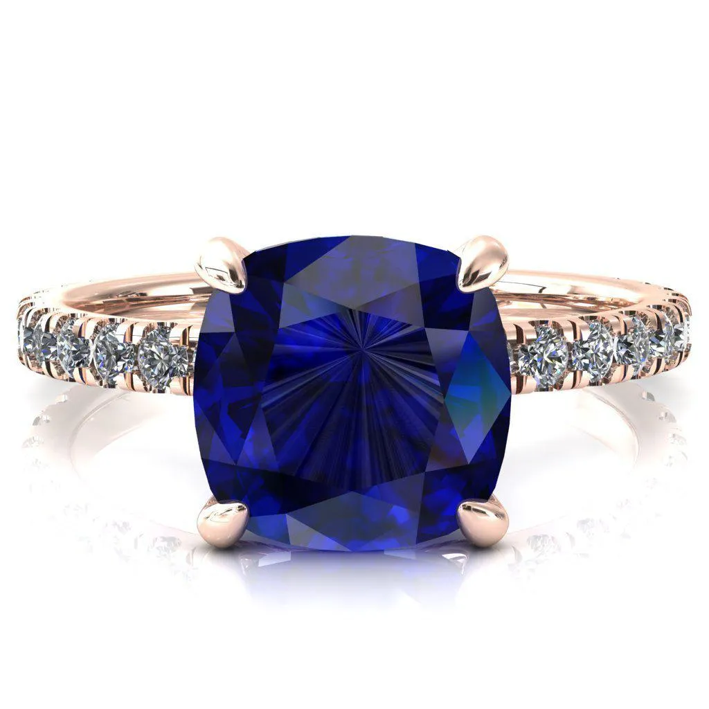 Alessi Cushion Blue Sapphire 4 Claw Prong 3/4 Micro Pave Engagement Ring