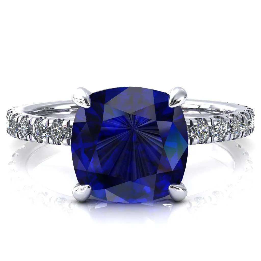 Alessi Cushion Blue Sapphire 4 Claw Prong 3/4 Micro Pave Engagement Ring