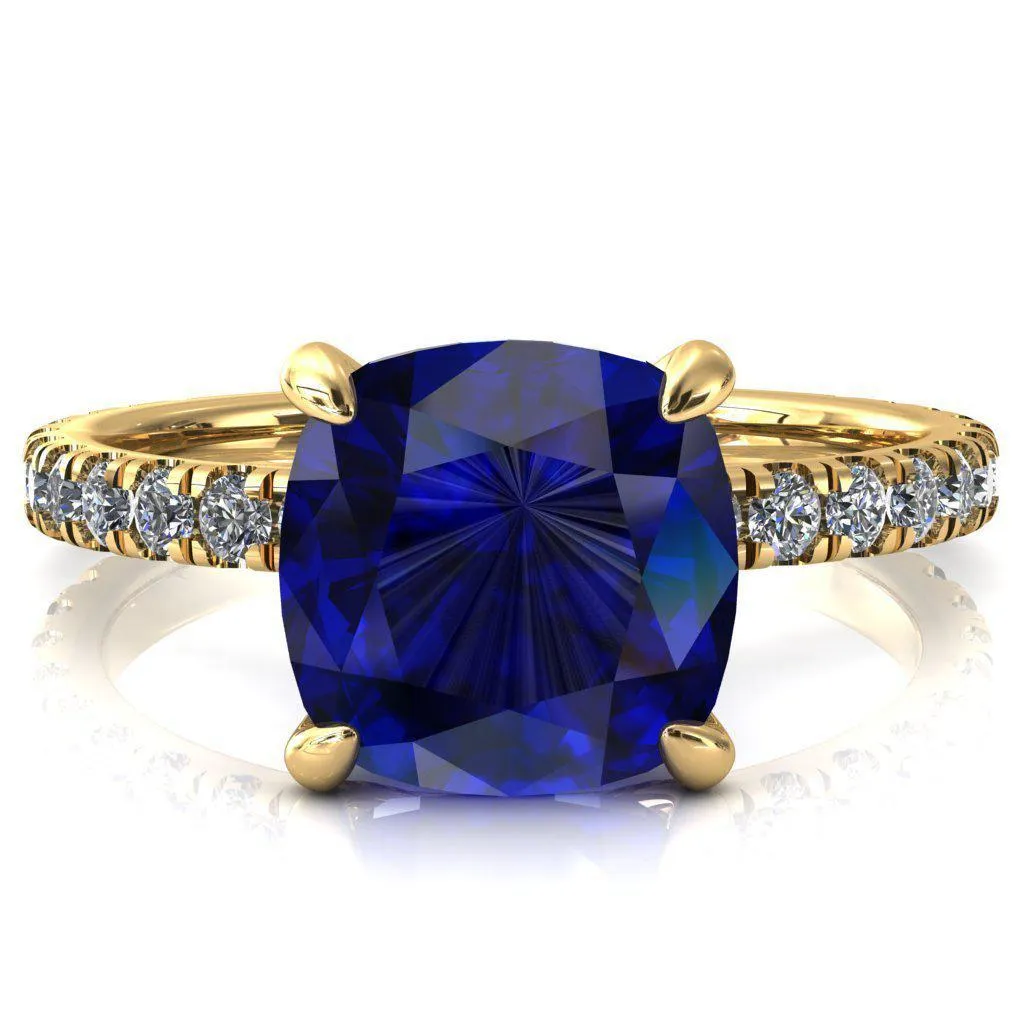 Alessi Cushion Blue Sapphire 4 Claw Prong 3/4 Micro Pave Engagement Ring