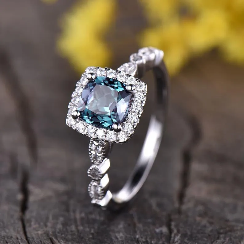 Alexandrite Diamond Engagement Ring Marquise Shaped Band 6mm Cushion Color-Changing Gemstone Ring Art Deco