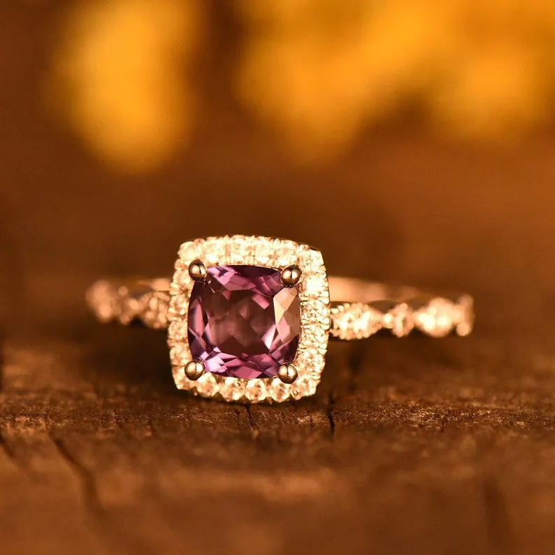 Alexandrite Diamond Engagement Ring Marquise Shaped Band 6mm Cushion Color-Changing Gemstone Ring Art Deco