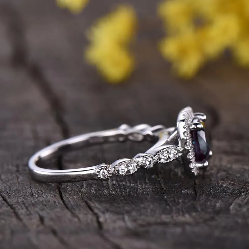 Alexandrite Diamond Engagement Ring Marquise Shaped Band 6mm Cushion Color-Changing Gemstone Ring Art Deco