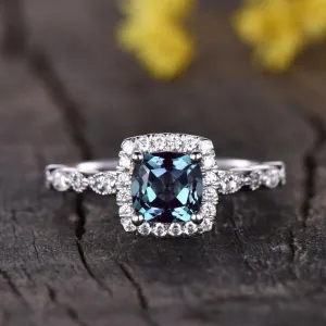 Alexandrite Diamond Engagement Ring Marquise Shaped Band 6mm Cushion Color-Changing Gemstone Ring Art Deco
