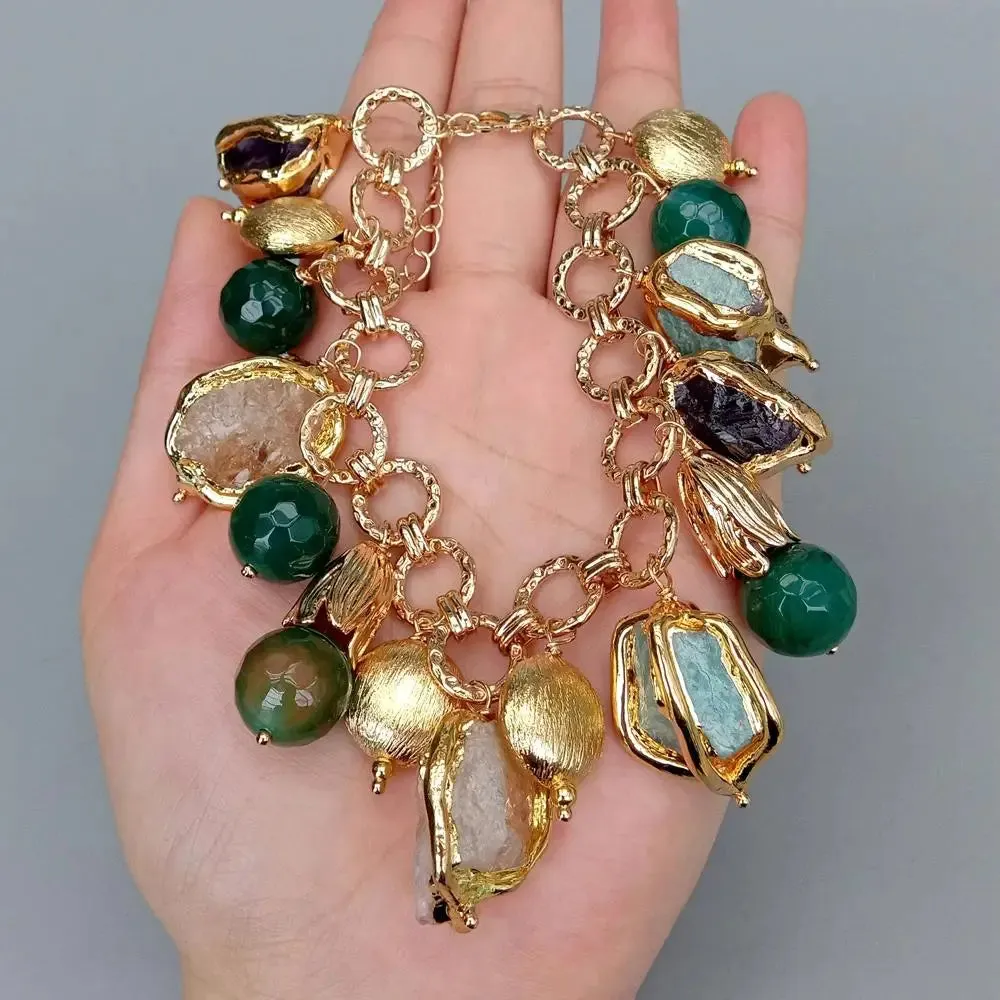 Amethyst Amazonite Rough Raw Charm Bracelet 13mm Natural Multi Gemstone Bracelet Jewelry Gift