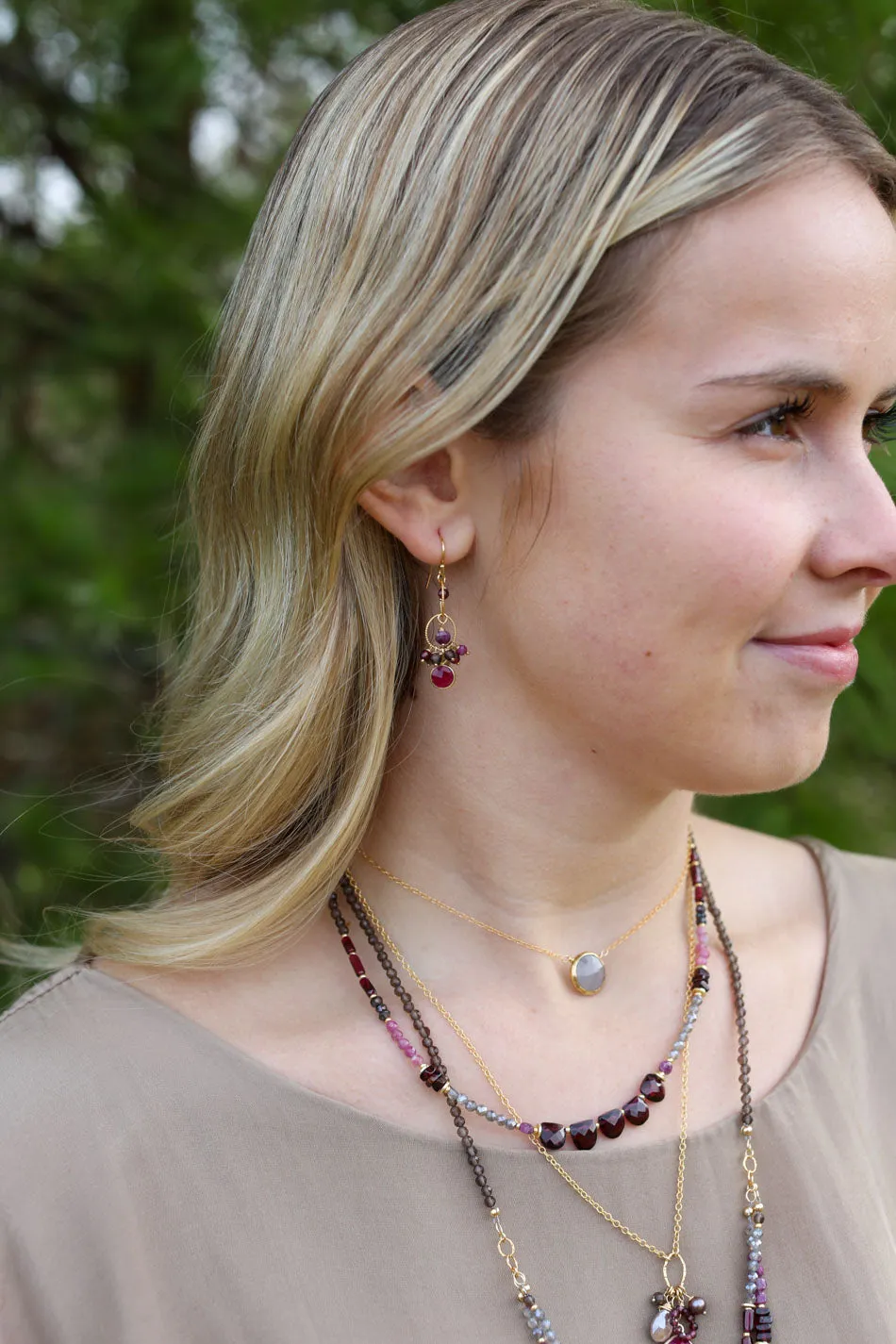 ANNE VAUGHAN DECADENCE GARNET, SMOKY QUARTZ WITH RUBY JADE CLUSTER EARRINGS