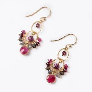 ANNE VAUGHAN DECADENCE GARNET, SMOKY QUARTZ WITH RUBY JADE CLUSTER EARRINGS