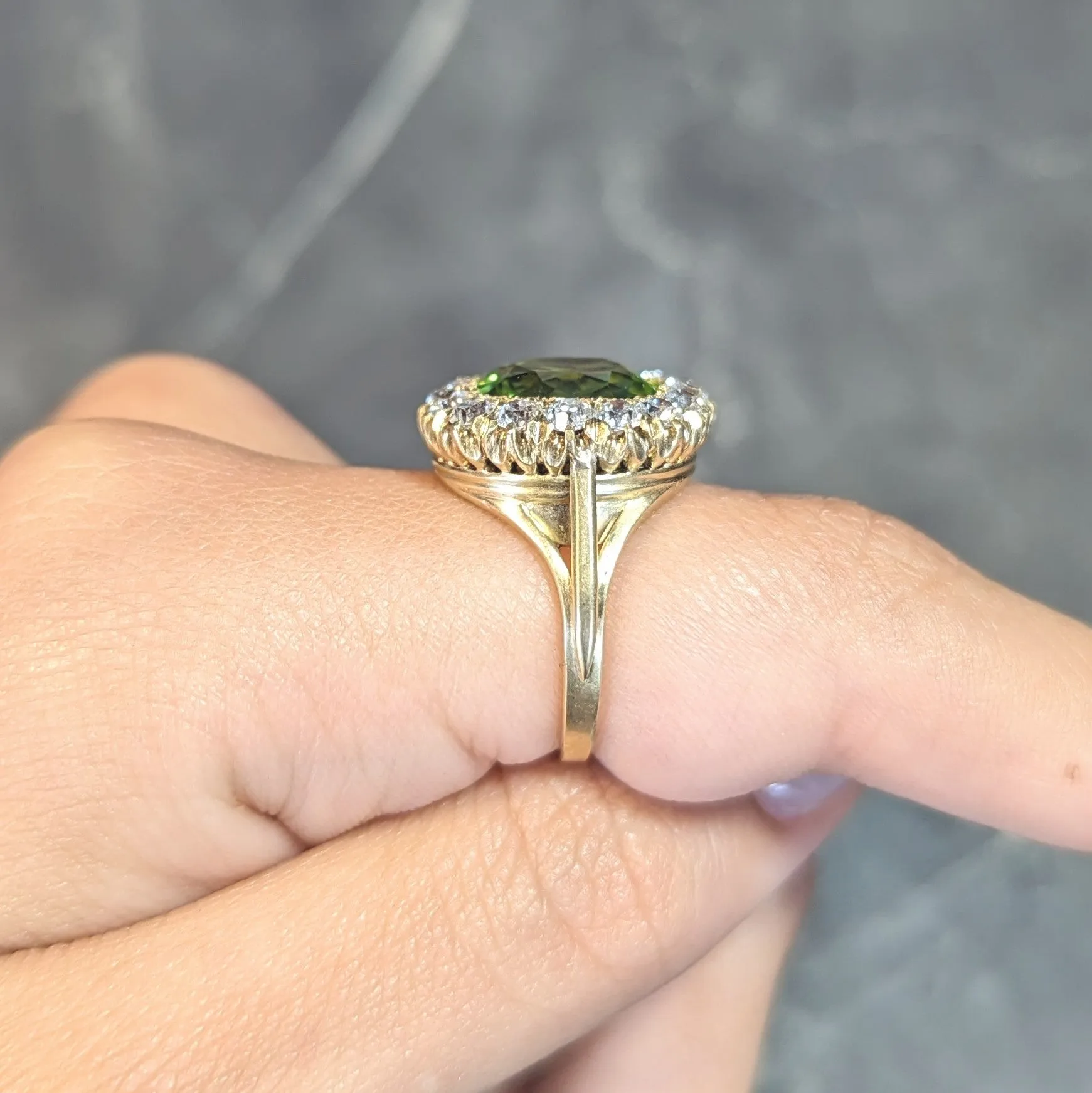 Antique 6.78 CTW Peridot Diamond 18 Karat Yellow Gold Halo Ring