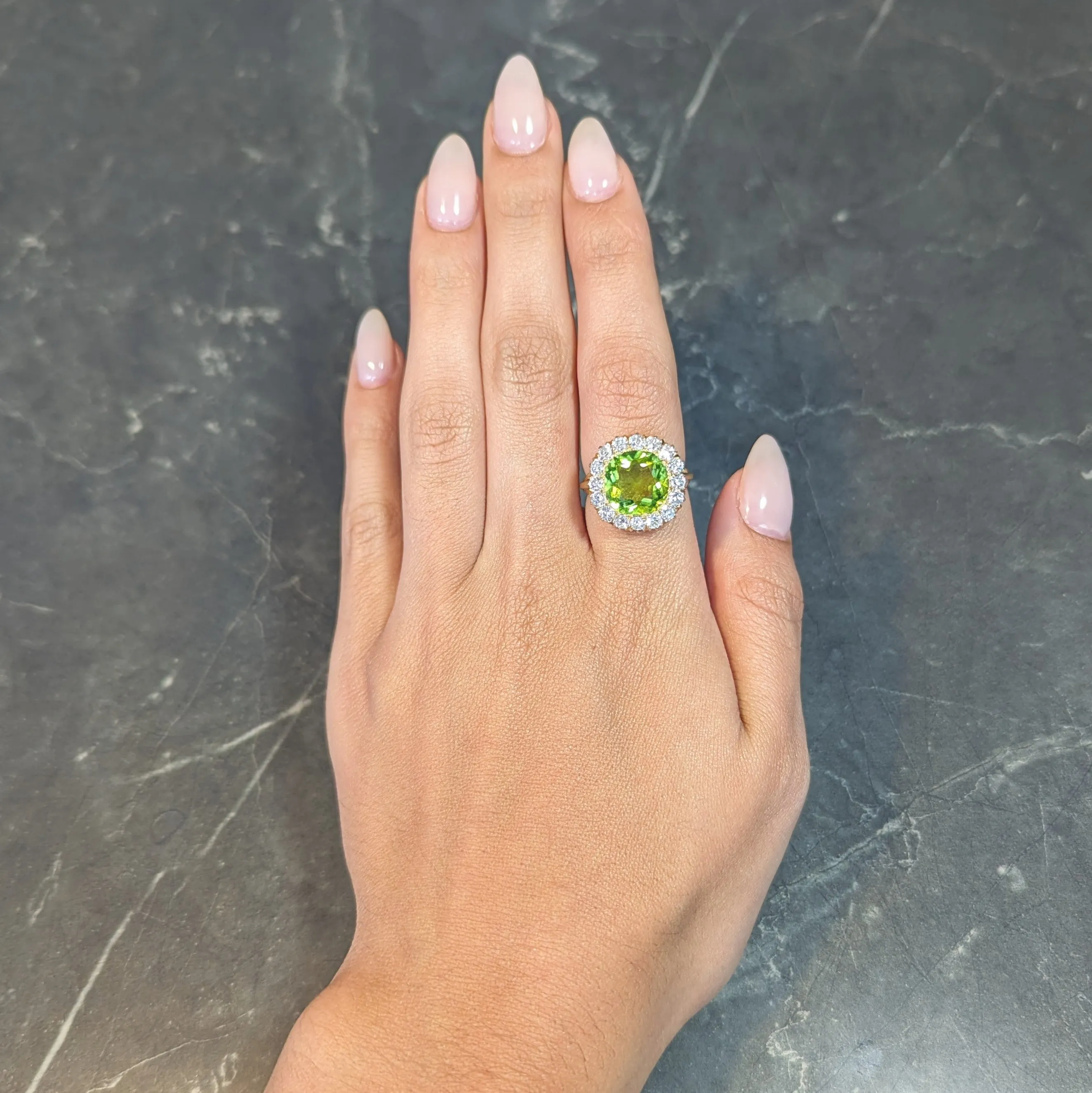 Antique 6.78 CTW Peridot Diamond 18 Karat Yellow Gold Halo Ring