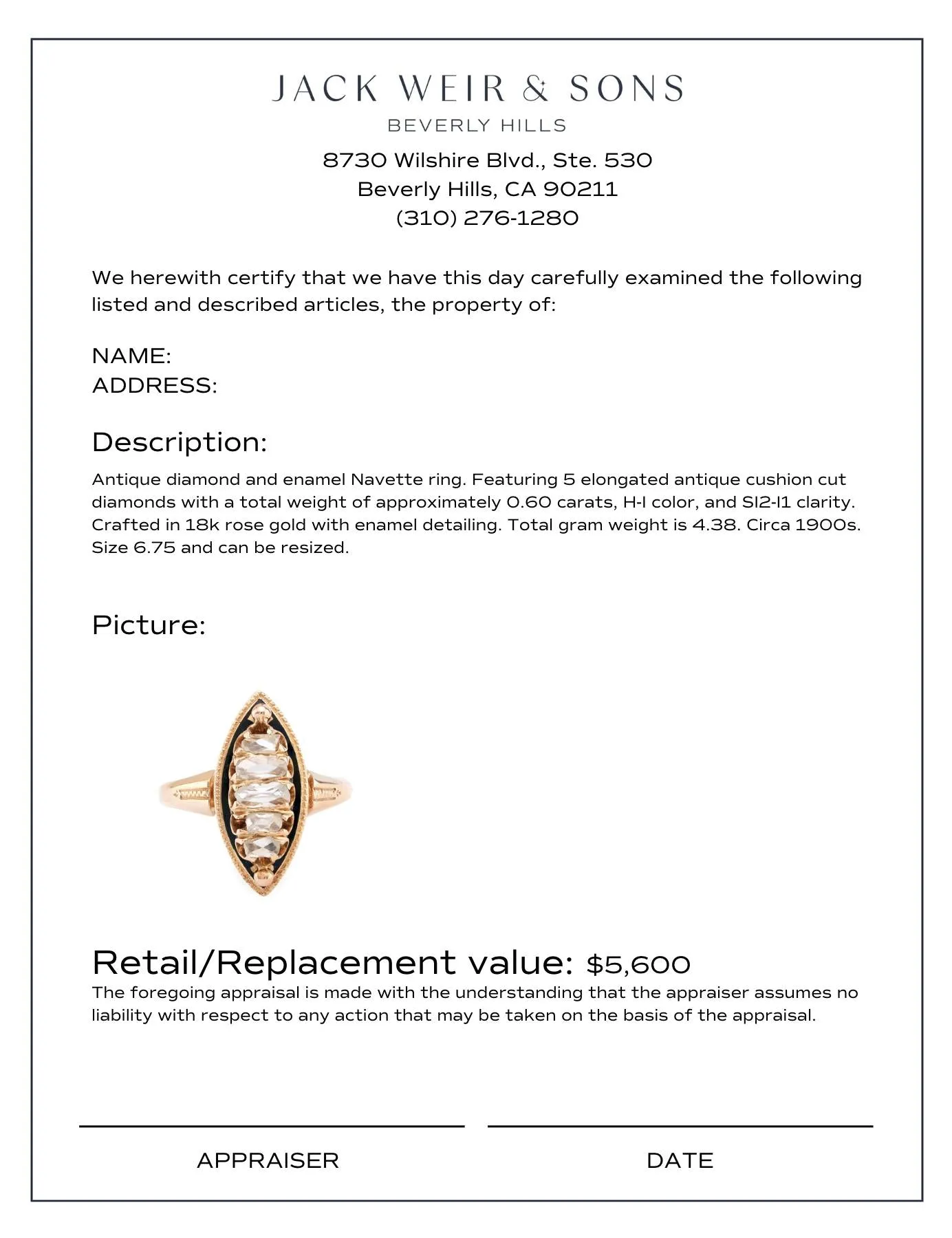 Antique diamond 18k rose gold enamel Navette ring