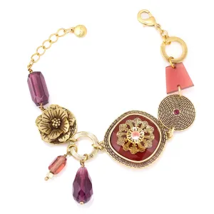 ANTIQUE GOLD FLOWER BURGUNDY AND PURPLE WRAP AROUND  BRACELETS #195WN2101 (2C1/4B1)