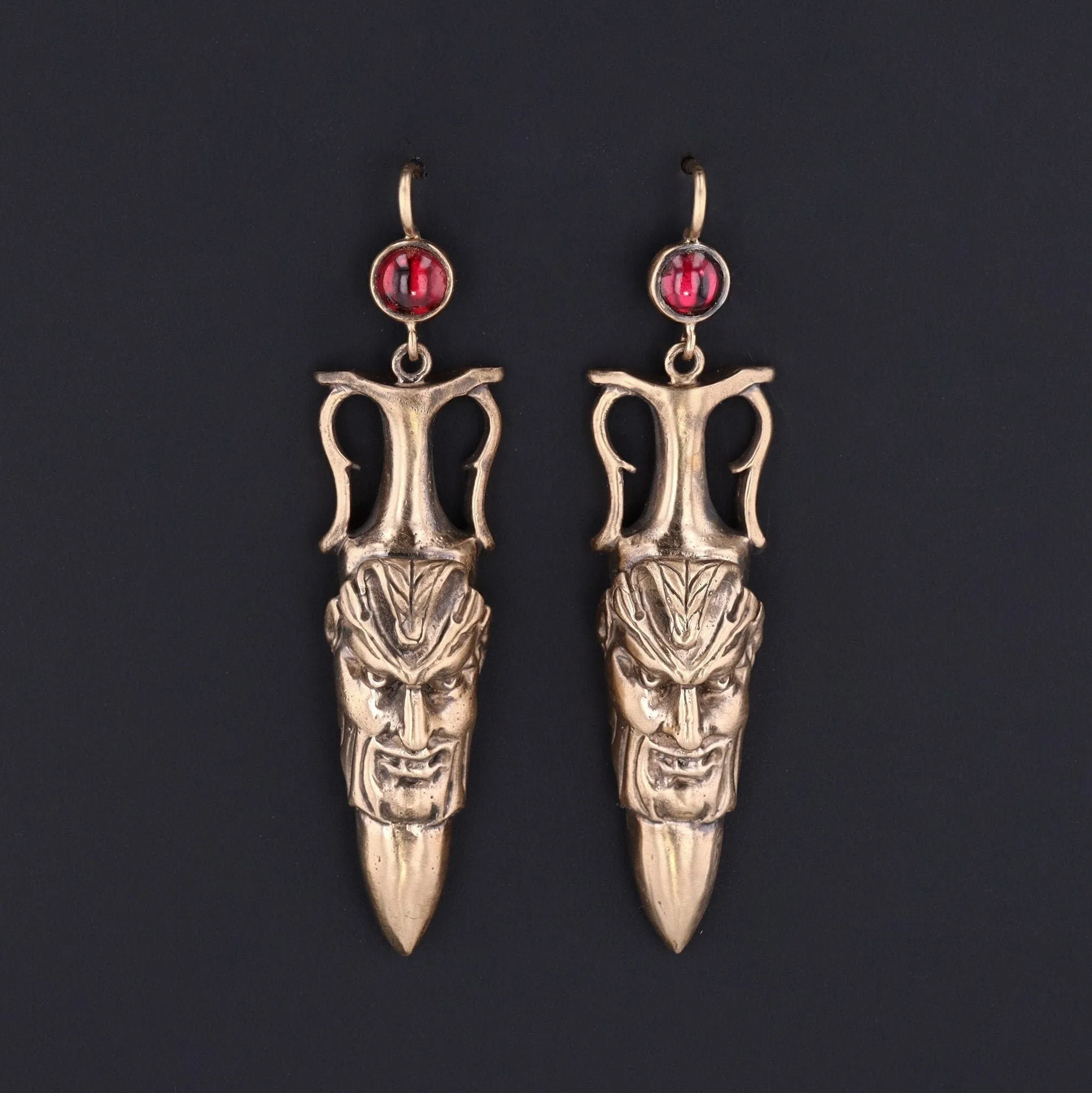 Antique Reproduction Greenman Earrings with Garnets of 14k Gold