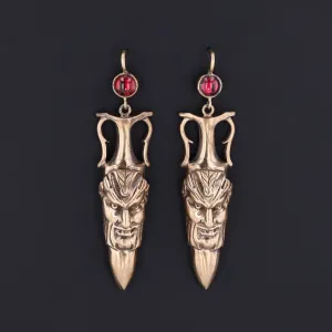 Antique Reproduction Greenman Earrings with Garnets of 14k Gold