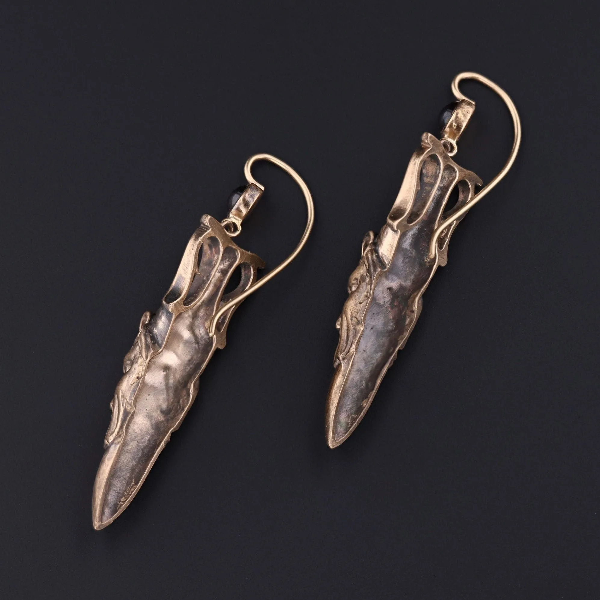 Antique Reproduction Greenman Earrings with Garnets of 14k Gold