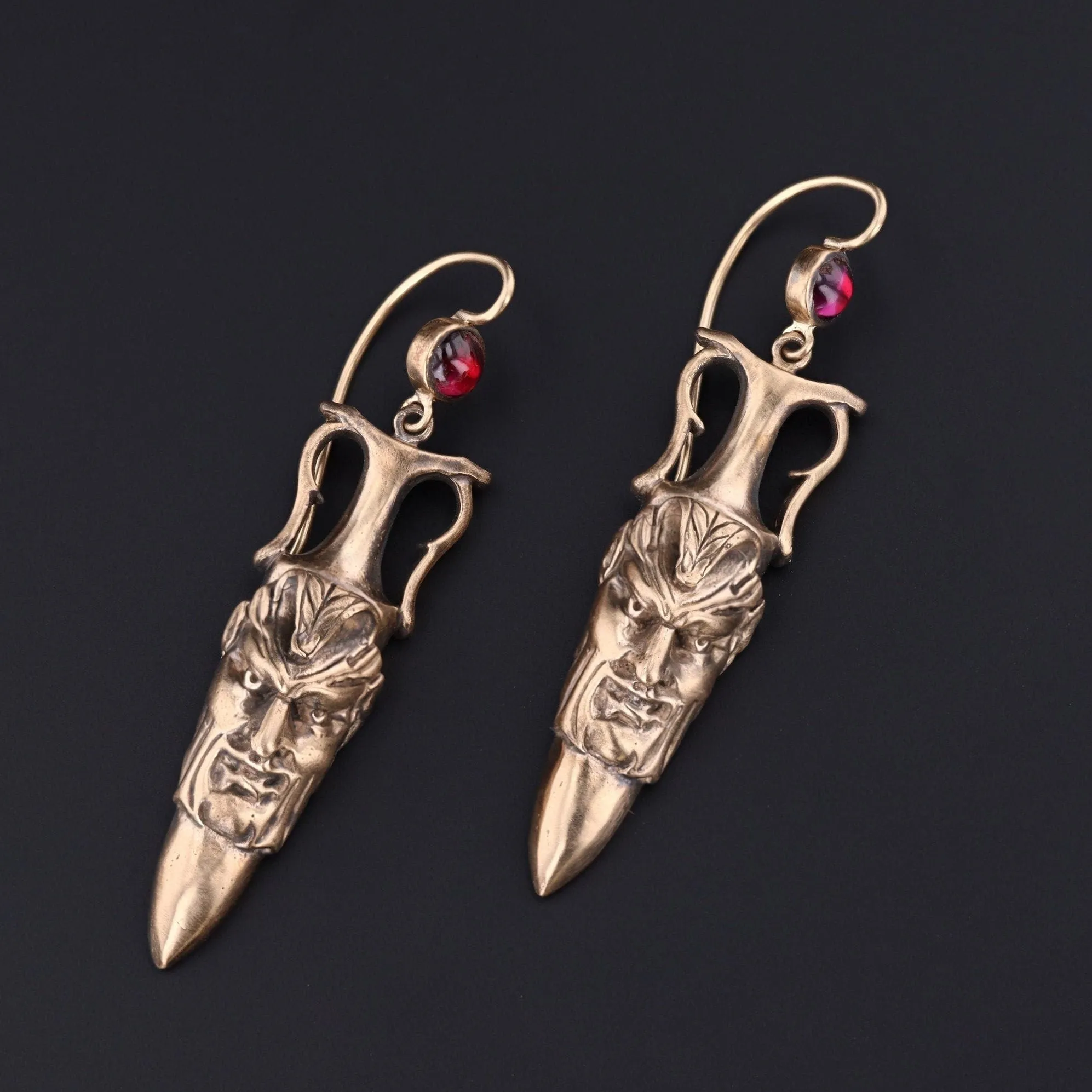 Antique Reproduction Greenman Earrings with Garnets of 14k Gold
