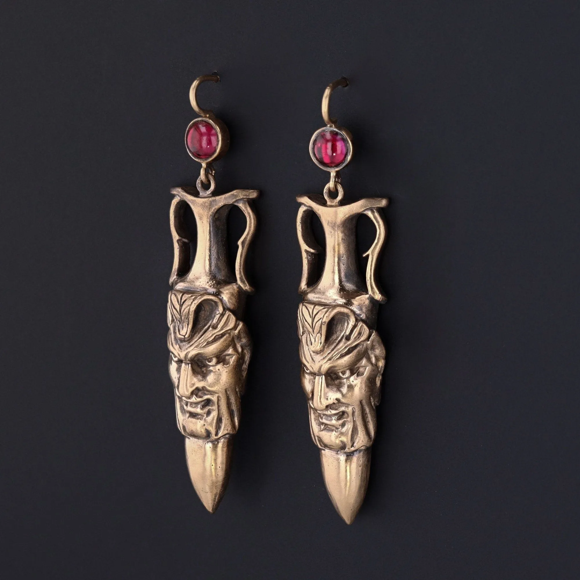 Antique Reproduction Greenman Earrings with Garnets of 14k Gold