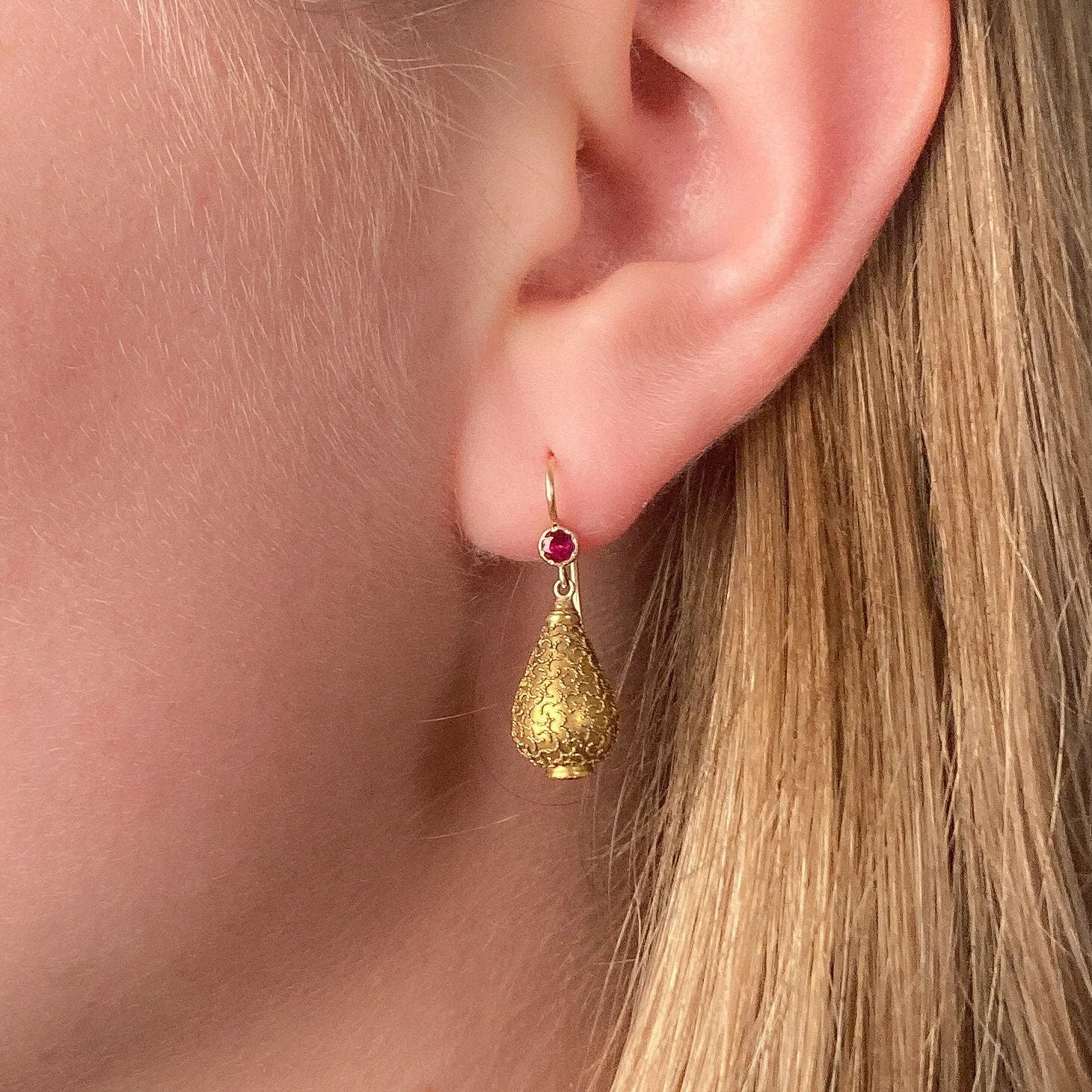 Antique Ruby Conversion Earrings of 14k Gold