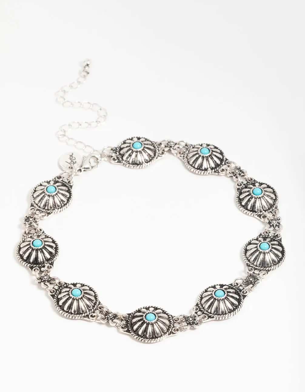 Antique Silver Circle Turquoise Choker Necklace