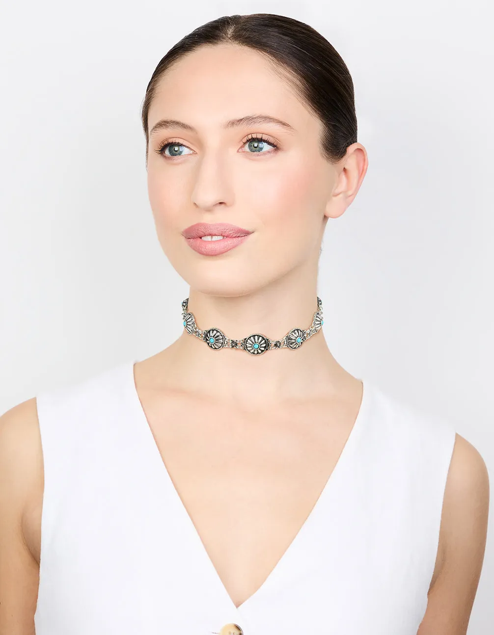 Antique Silver Circle Turquoise Choker Necklace