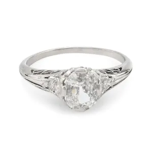 Art Deco GIA .91 carat cushion cut diamond platinum engagement filigree ring
