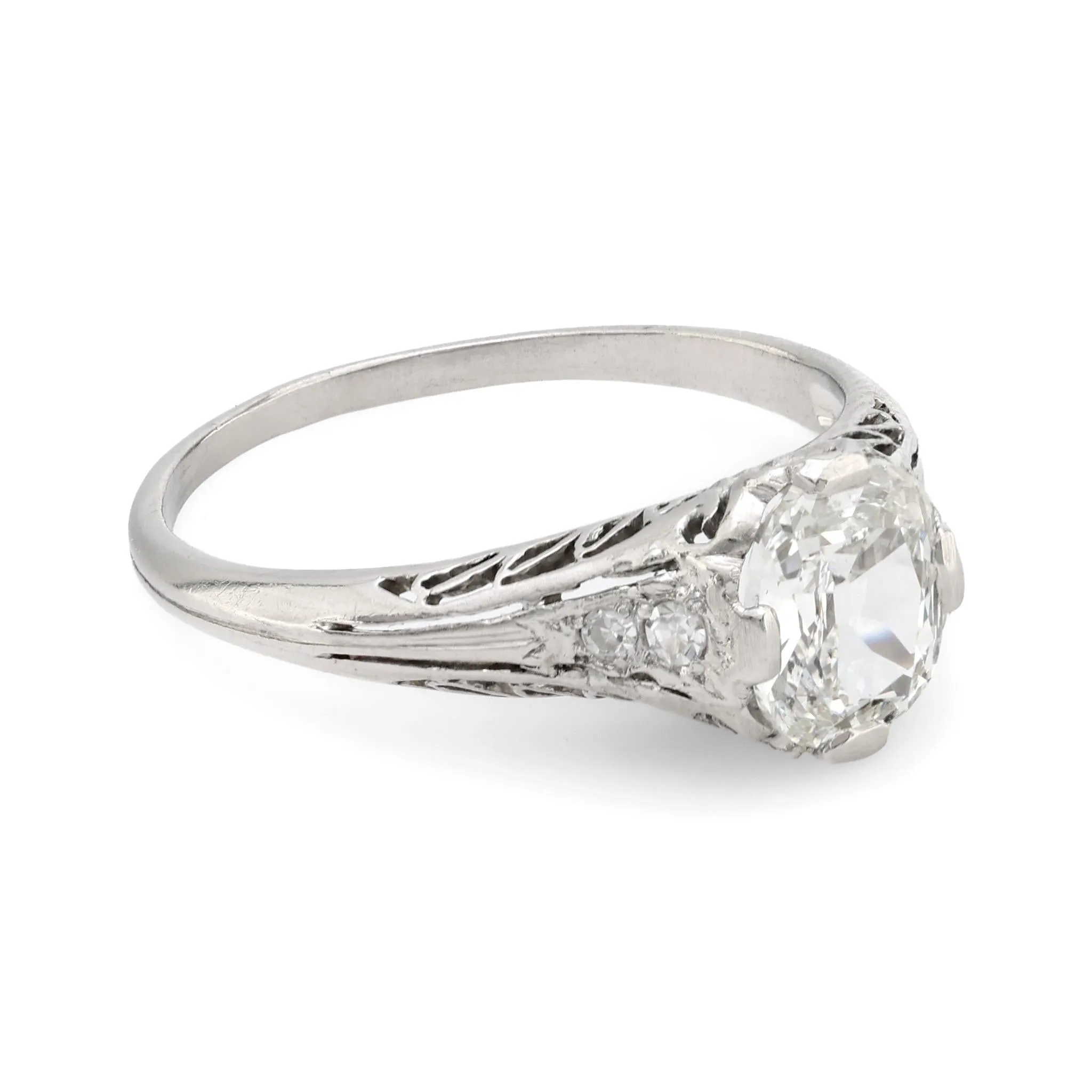 Art Deco GIA .91 carat cushion cut diamond platinum engagement filigree ring