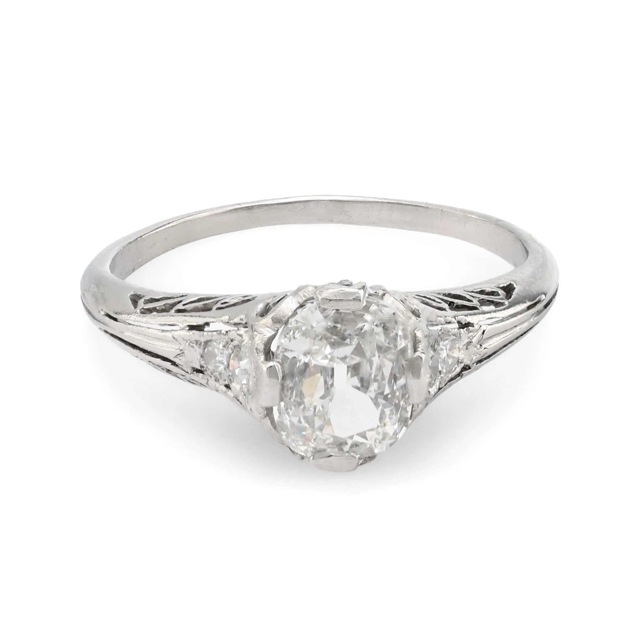 Art Deco GIA .91 carat cushion cut diamond platinum engagement filigree ring