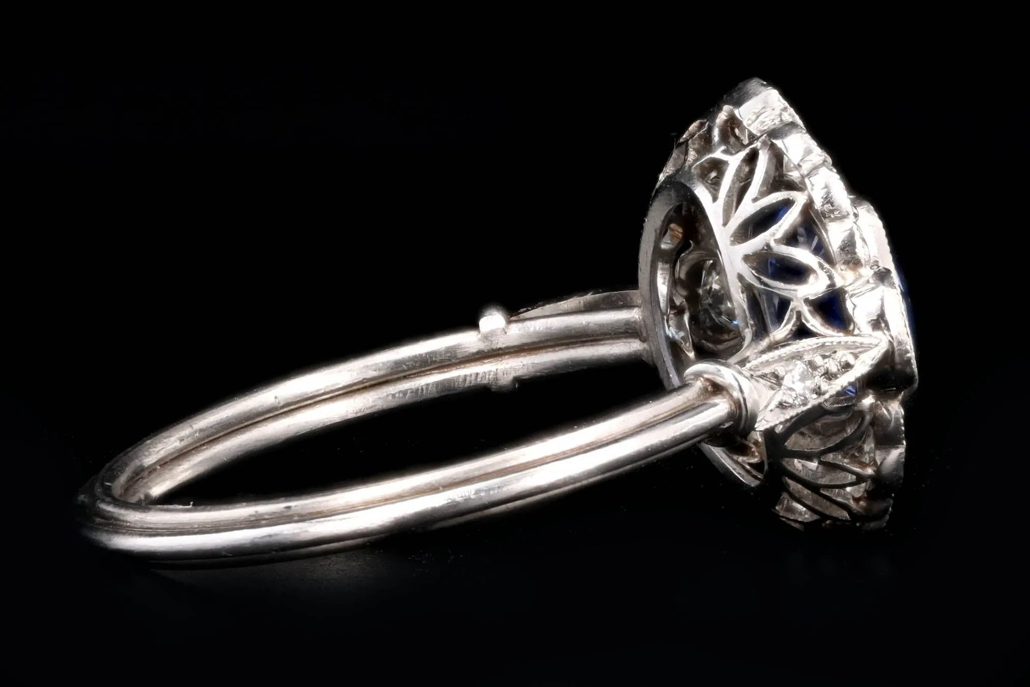 Art Deco Inspired Platinum 1.15 Carat Cushion Cut Natural Sapphire & Old European Cut Diamond Halo Cluster Ring
