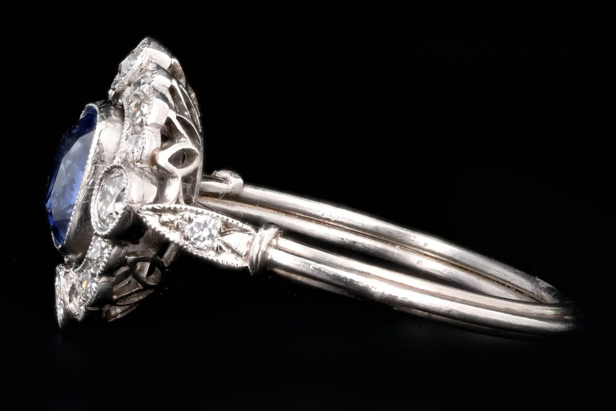 Art Deco Inspired Platinum 1.15 Carat Cushion Cut Natural Sapphire & Old European Cut Diamond Halo Cluster Ring