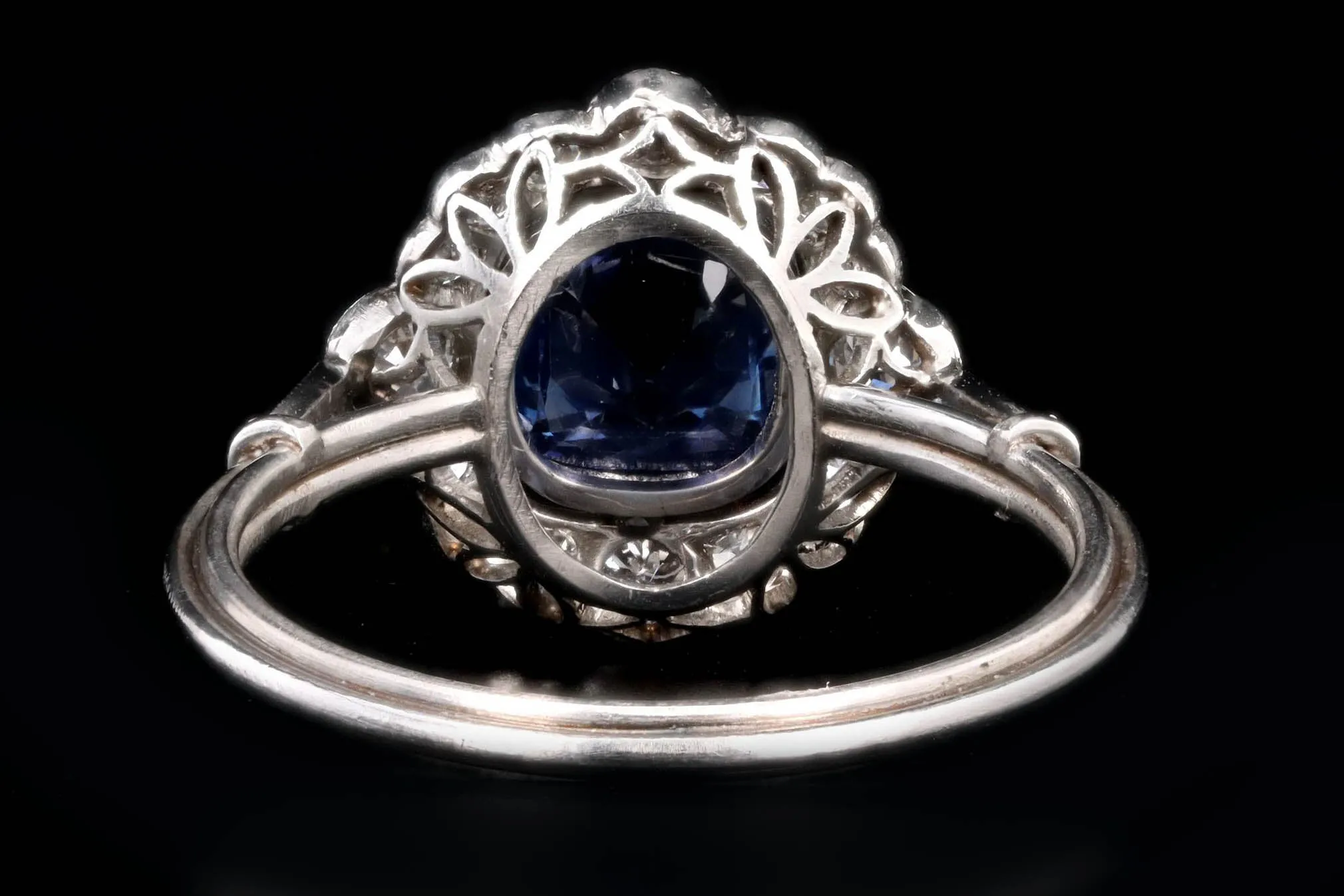 Art Deco Inspired Platinum 1.15 Carat Cushion Cut Natural Sapphire & Old European Cut Diamond Halo Cluster Ring