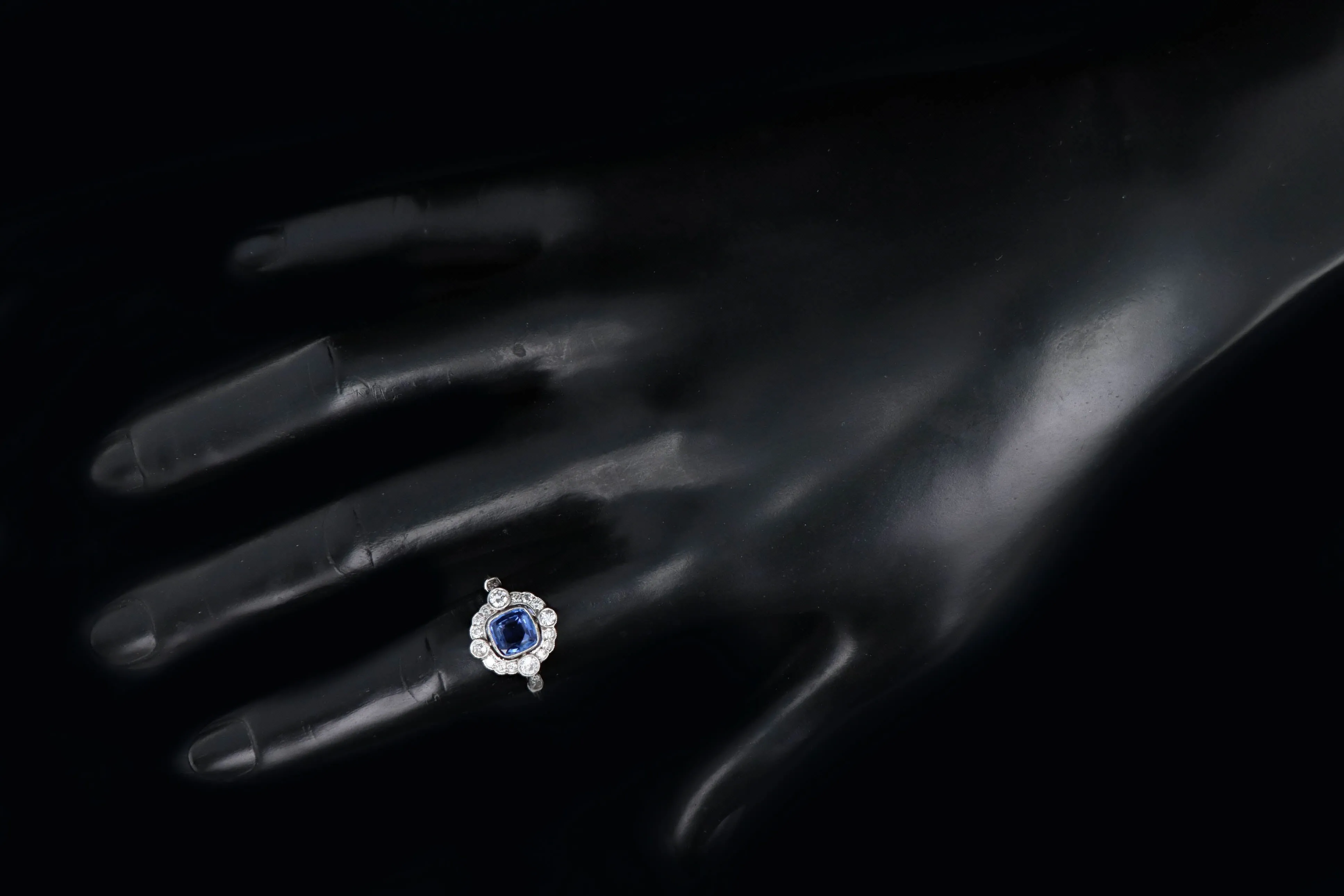 Art Deco Inspired Platinum 1.15 Carat Cushion Cut Natural Sapphire & Old European Cut Diamond Halo Cluster Ring