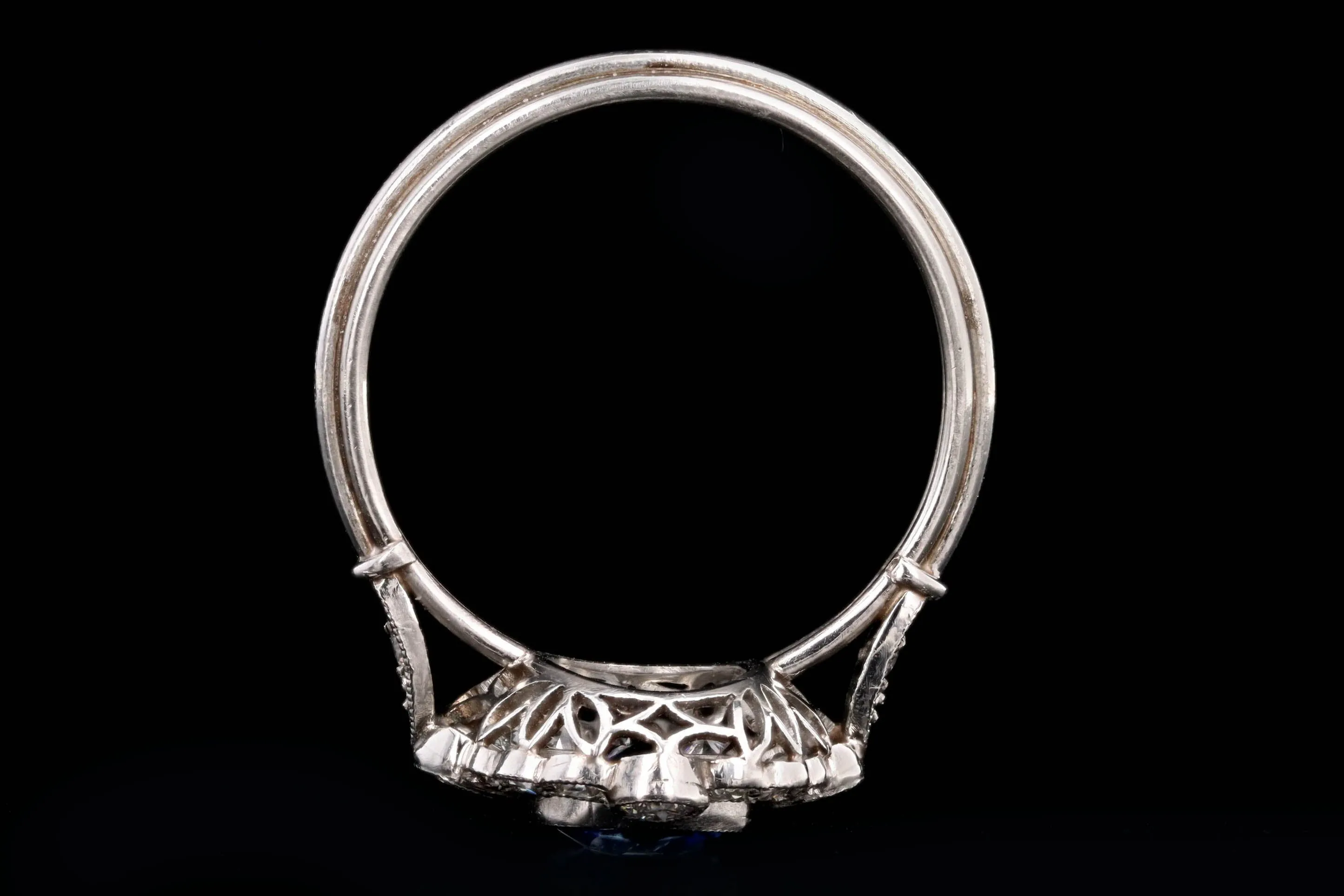 Art Deco Inspired Platinum 1.15 Carat Cushion Cut Natural Sapphire & Old European Cut Diamond Halo Cluster Ring