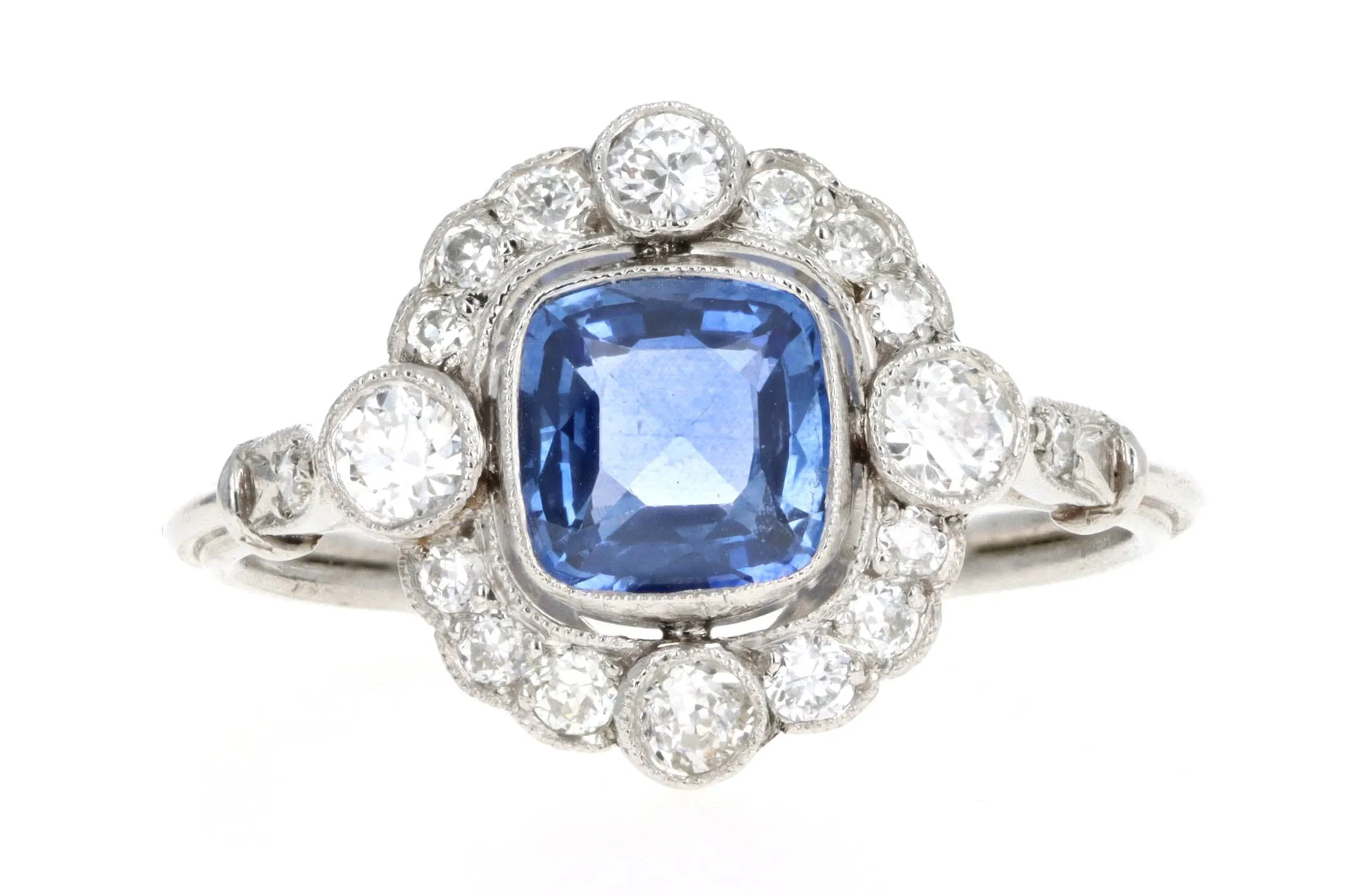 Art Deco Inspired Platinum 1.15 Carat Cushion Cut Natural Sapphire & Old European Cut Diamond Halo Cluster Ring