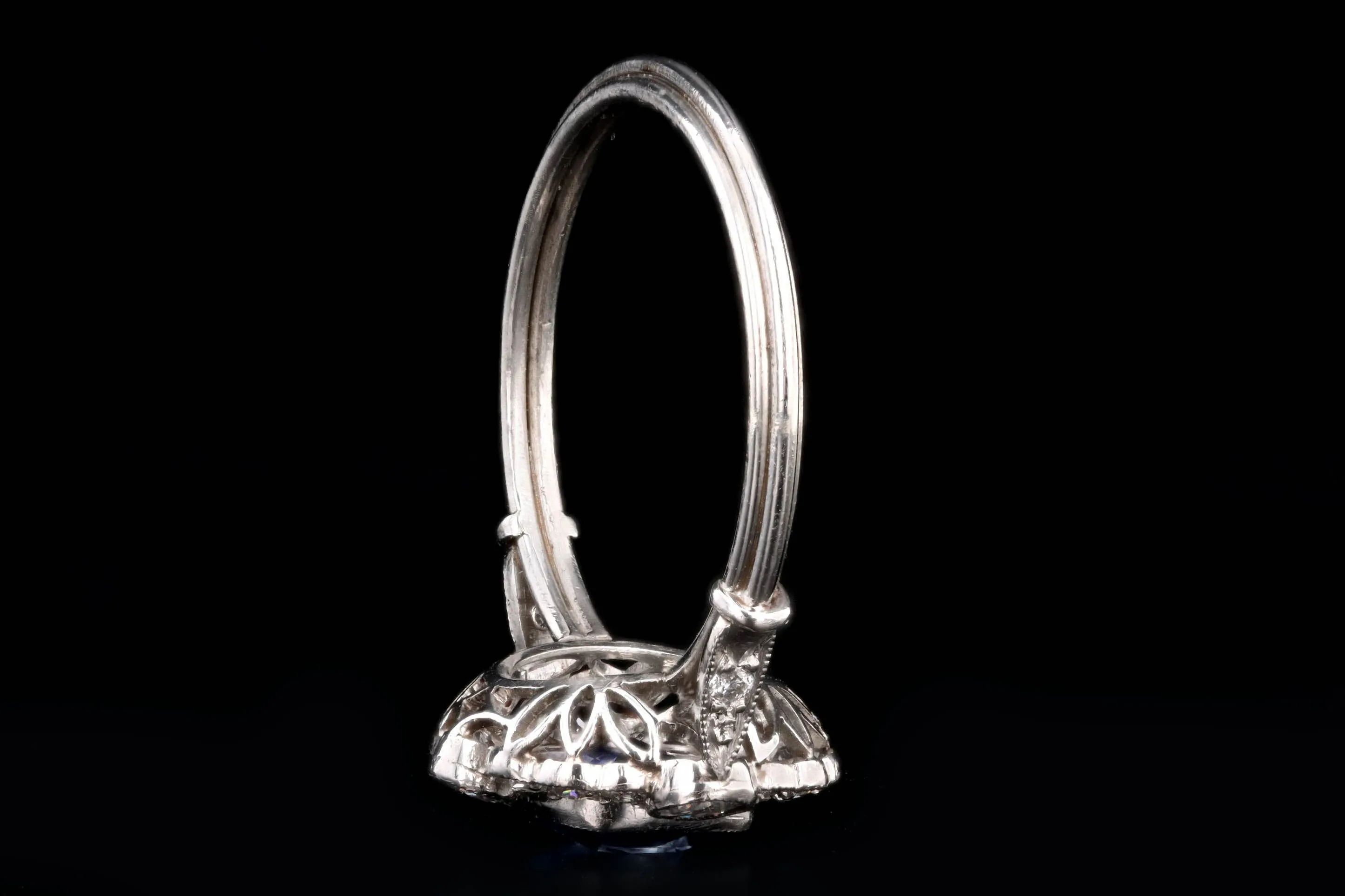 Art Deco Inspired Platinum 1.15 Carat Cushion Cut Natural Sapphire & Old European Cut Diamond Halo Cluster Ring