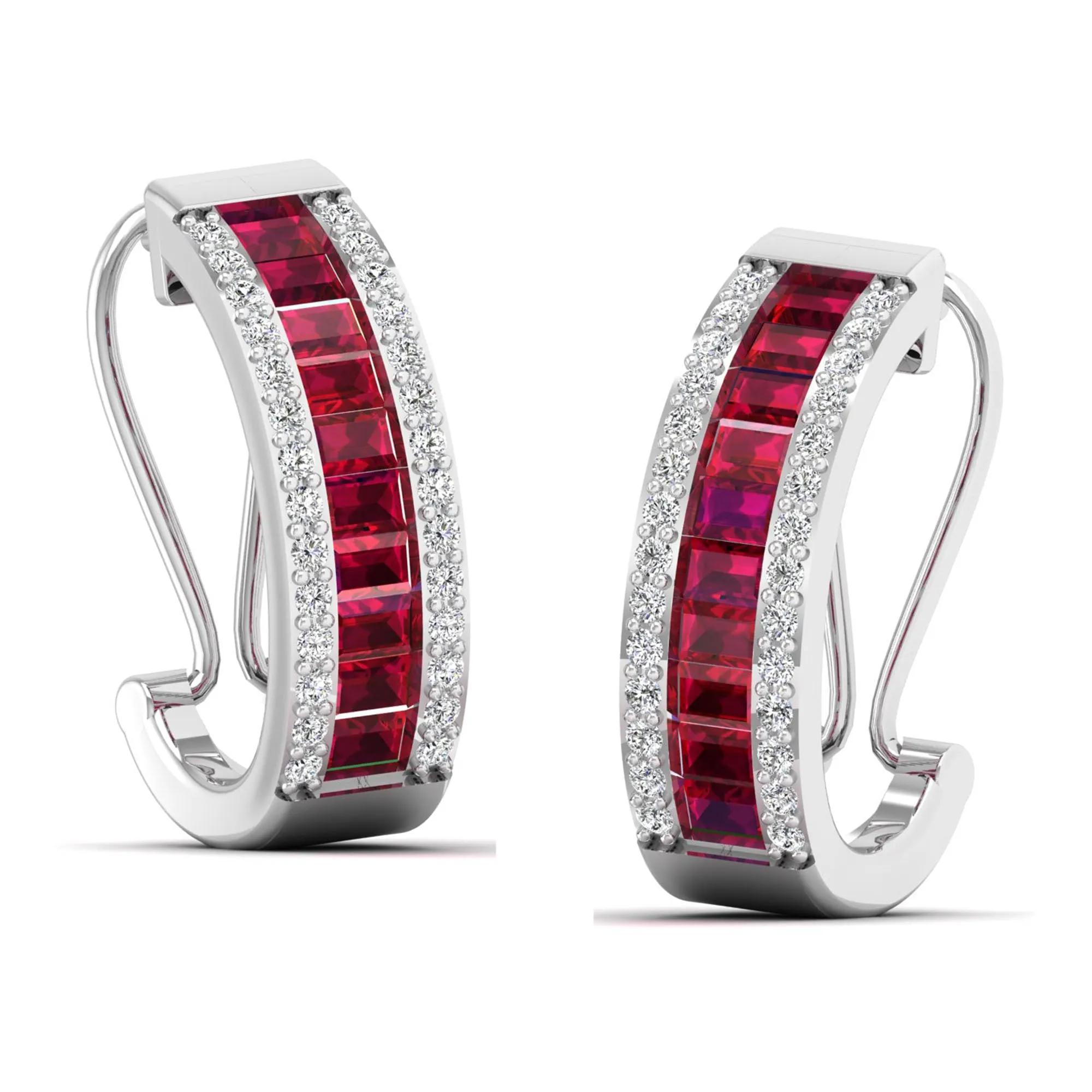 Baguette Ruby and Cluster Diamond Hoop Earrings