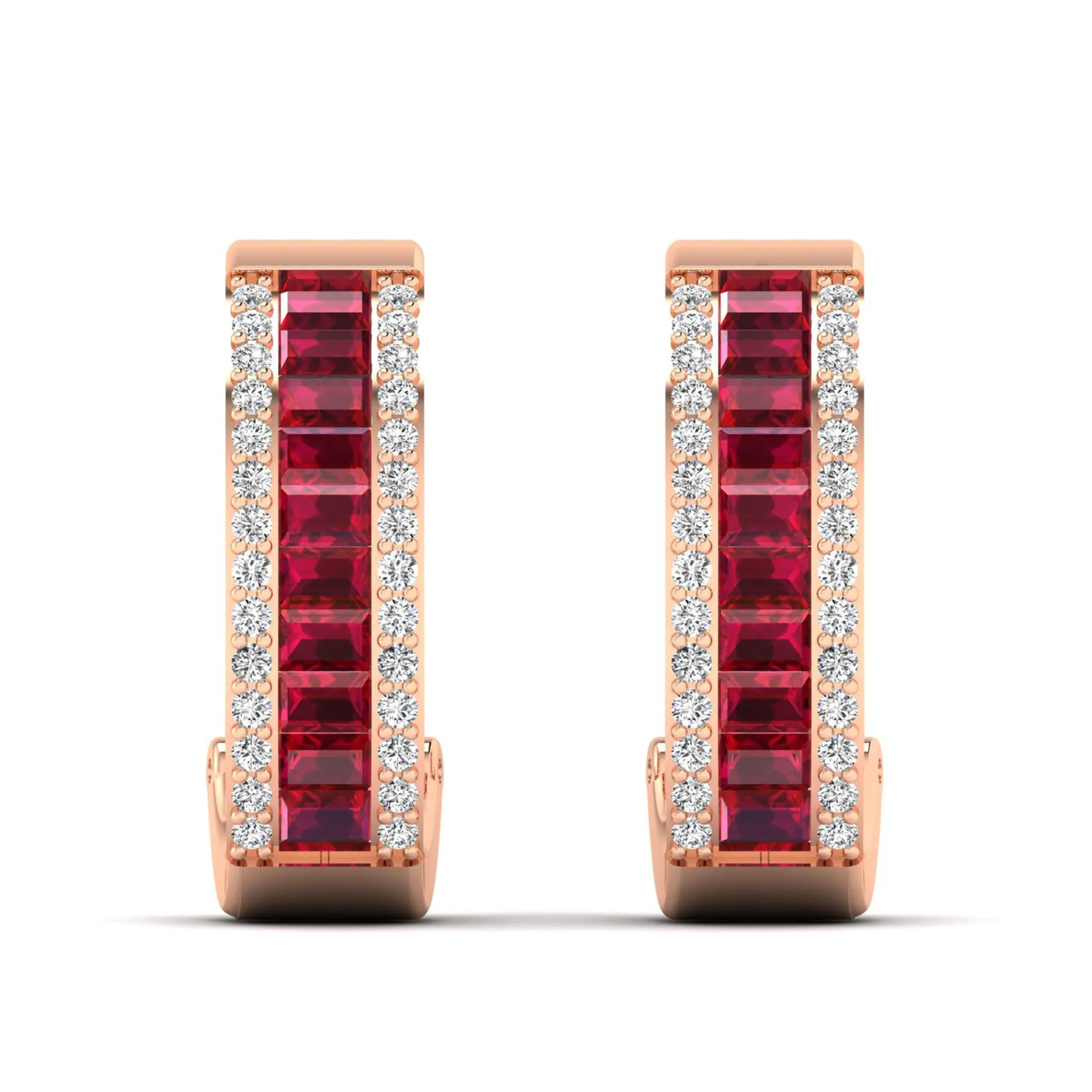 Baguette Ruby and Cluster Diamond Hoop Earrings